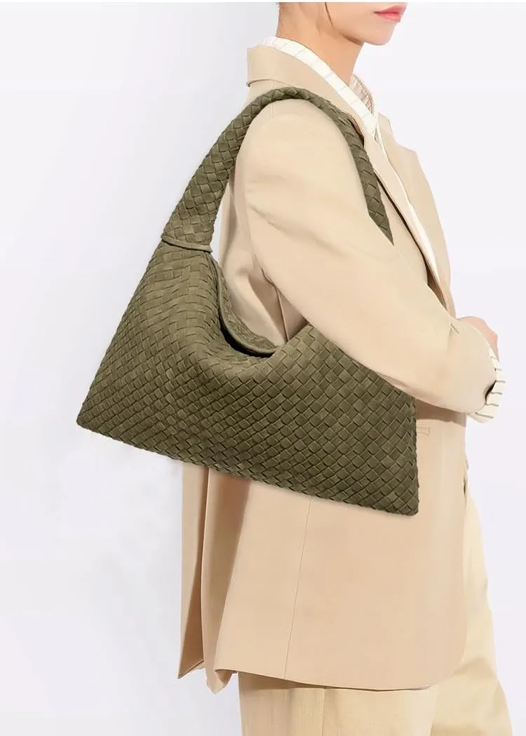Slouchy Woven Suede Hobo Bags Women Trendy Suede Purse Crossbody Crescent Shoulder Satchel Work Bag Top Handle Tote Handbag