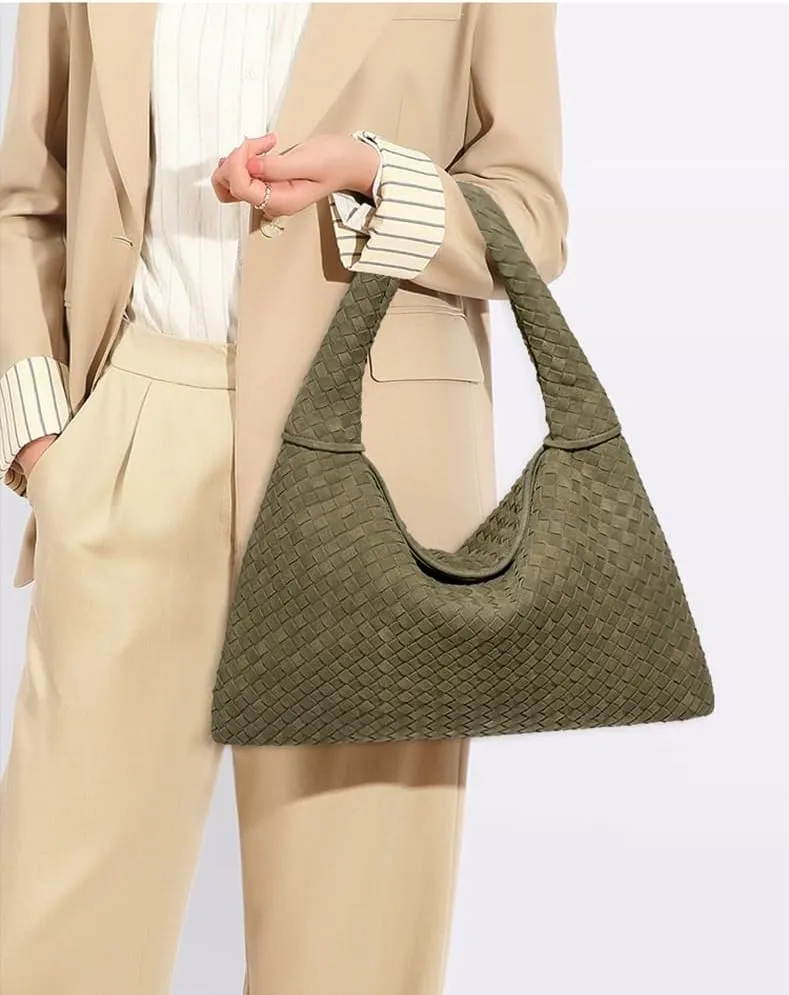 Slouchy Woven Suede Hobo Bags Women Trendy Suede Purse Crossbody Crescent Shoulder Satchel Work Bag Top Handle Tote Handbag