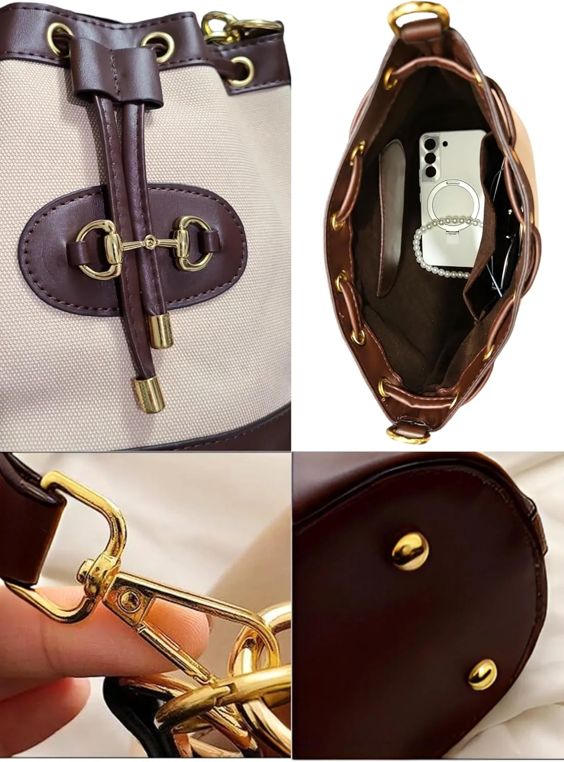 Small Dark Brown & White Equestrian Crossbody Bag – Structured Bucket Purse with Vegan Leather Trim, Gold Horse Bit Buckle, Canvas Body, Adjustable Strap, Coastal Chic Country Club Style Handbag