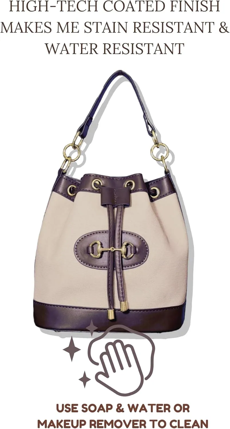 Small Dark Brown & White Equestrian Crossbody Bag – Structured Bucket Purse with Vegan Leather Trim, Gold Horse Bit Buckle, Canvas Body, Adjustable Strap, Coastal Chic Country Club Style Handbag