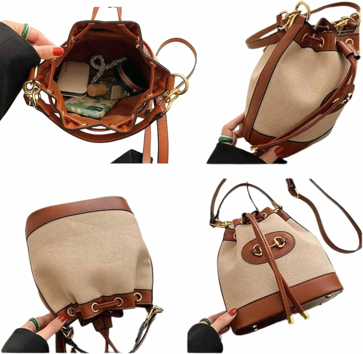 Small Dark Brown & White Equestrian Crossbody Bag – Structured Bucket Purse with Vegan Leather Trim, Gold Horse Bit Buckle, Canvas Body, Adjustable Strap, Coastal Chic Country Club Style Handbag