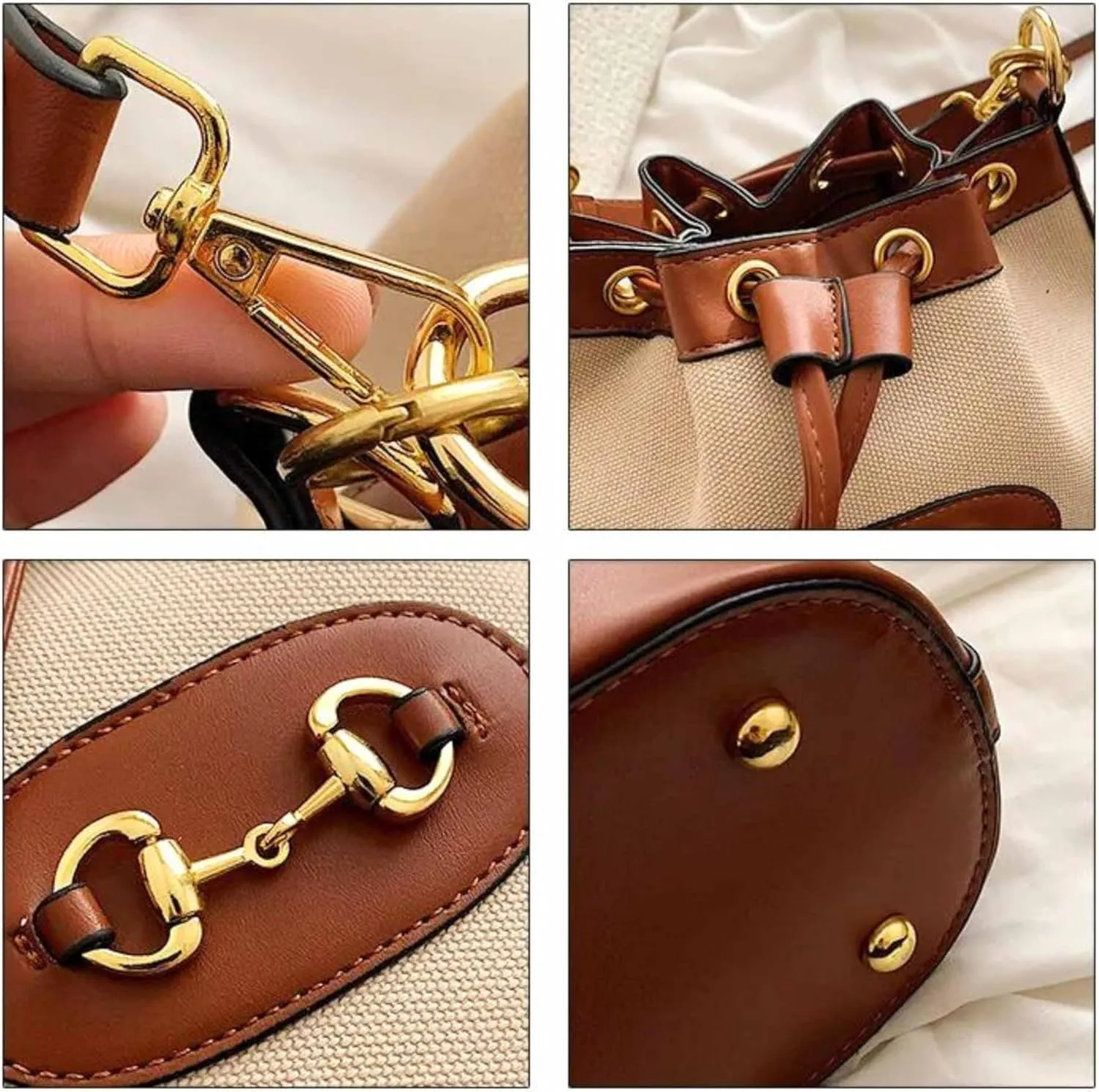 Small Dark Brown & White Equestrian Crossbody Bag – Structured Bucket Purse with Vegan Leather Trim, Gold Horse Bit Buckle, Canvas Body, Adjustable Strap, Coastal Chic Country Club Style Handbag