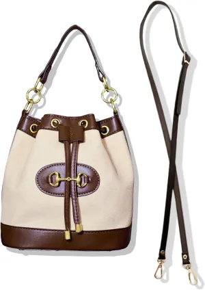 Small Dark Brown & White Equestrian Crossbody Bag – Structured Bucket Purse with Vegan Leather Trim, Gold Horse Bit Buckle, Canvas Body, Adjustable Strap, Coastal Chic Country Club Style Handbag