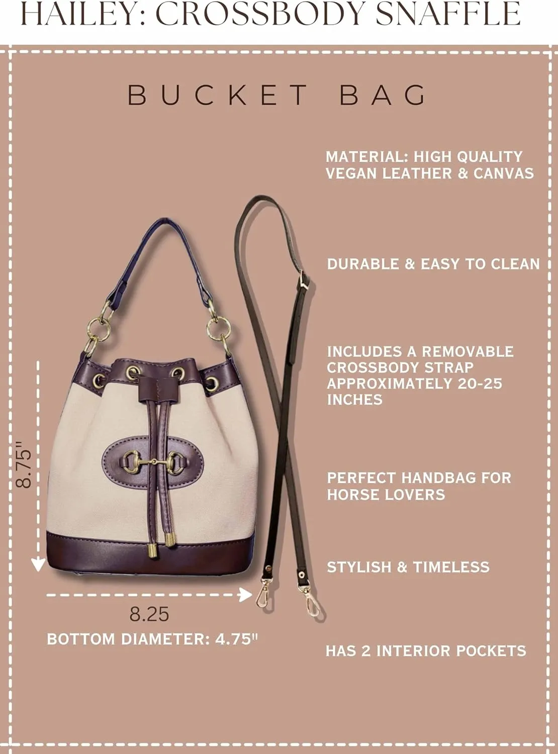 Small Dark Brown & White Equestrian Crossbody Bag – Structured Bucket Purse with Vegan Leather Trim, Gold Horse Bit Buckle, Canvas Body, Adjustable Strap, Coastal Chic Country Club Style Handbag