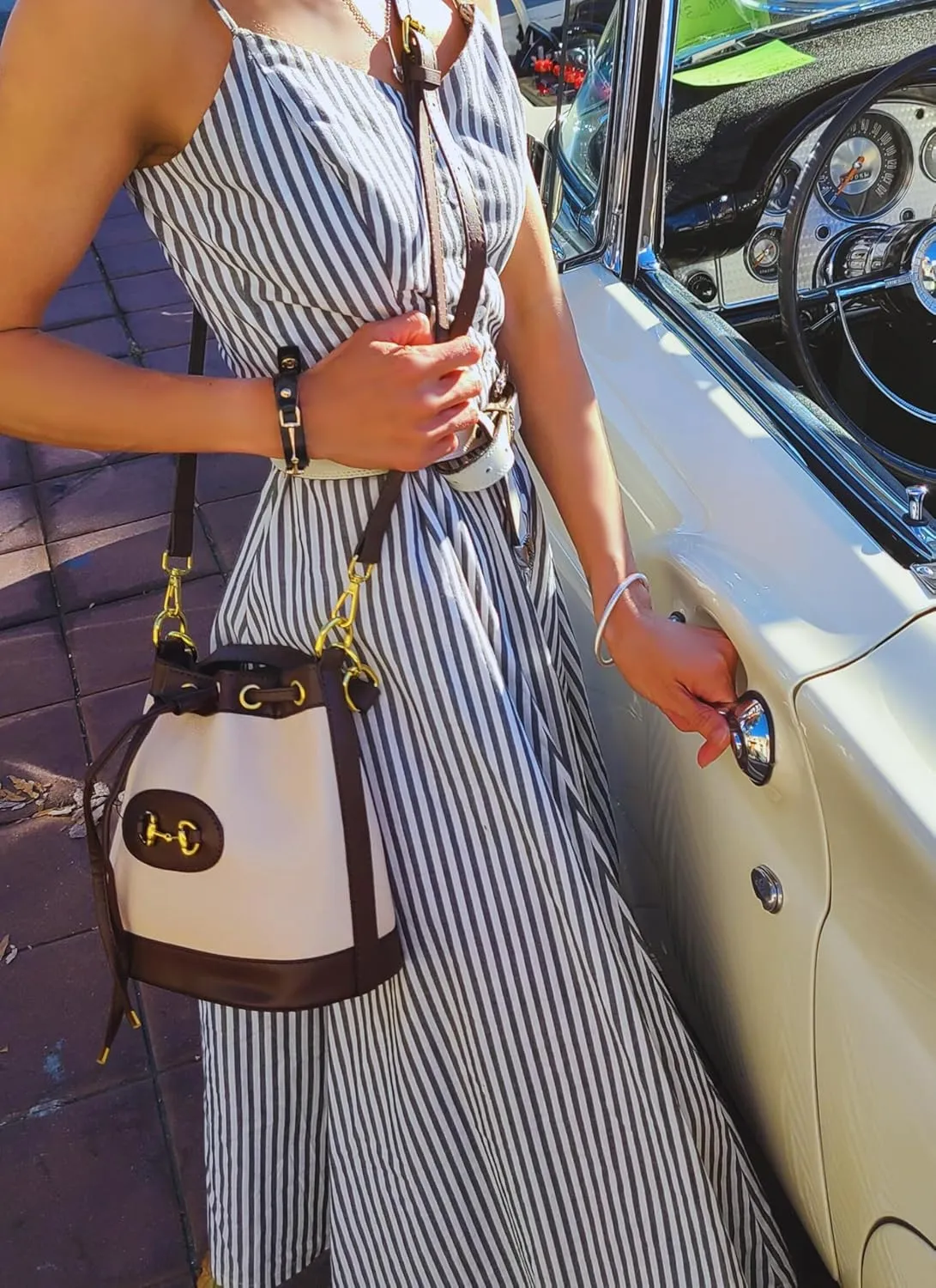 Small Dark Brown & White Equestrian Crossbody Bag – Structured Bucket Purse with Vegan Leather Trim, Gold Horse Bit Buckle, Canvas Body, Adjustable Strap, Coastal Chic Country Club Style Handbag