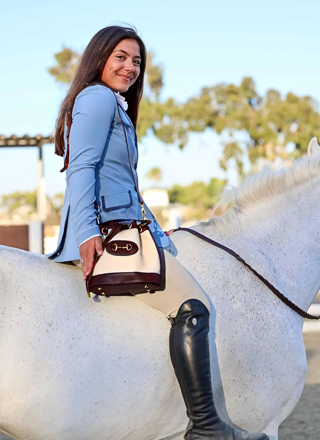 Small Dark Brown & White Equestrian Crossbody Bag – Structured Bucket Purse with Vegan Leather Trim, Gold Horse Bit Buckle, Canvas Body, Adjustable Strap, Coastal Chic Country Club Style Handbag