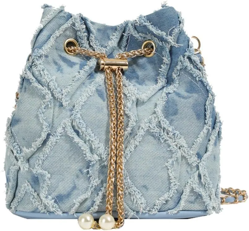 Small Denim Bucket Bag, Jean Purses for Women Denim Crossbody Bags Hobo Bag Drawstring Handbag