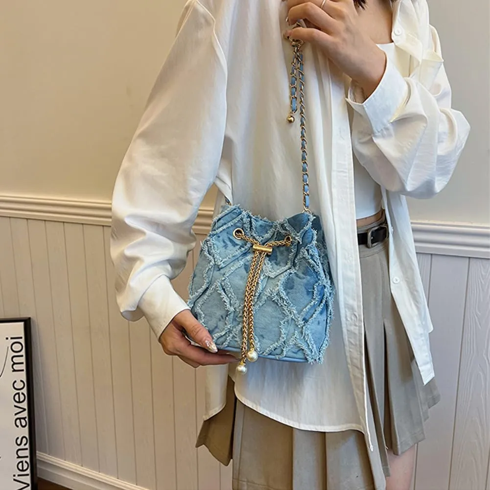 Small Denim Bucket Bag, Jean Purses for Women Denim Crossbody Bags Hobo Bag Drawstring Handbag