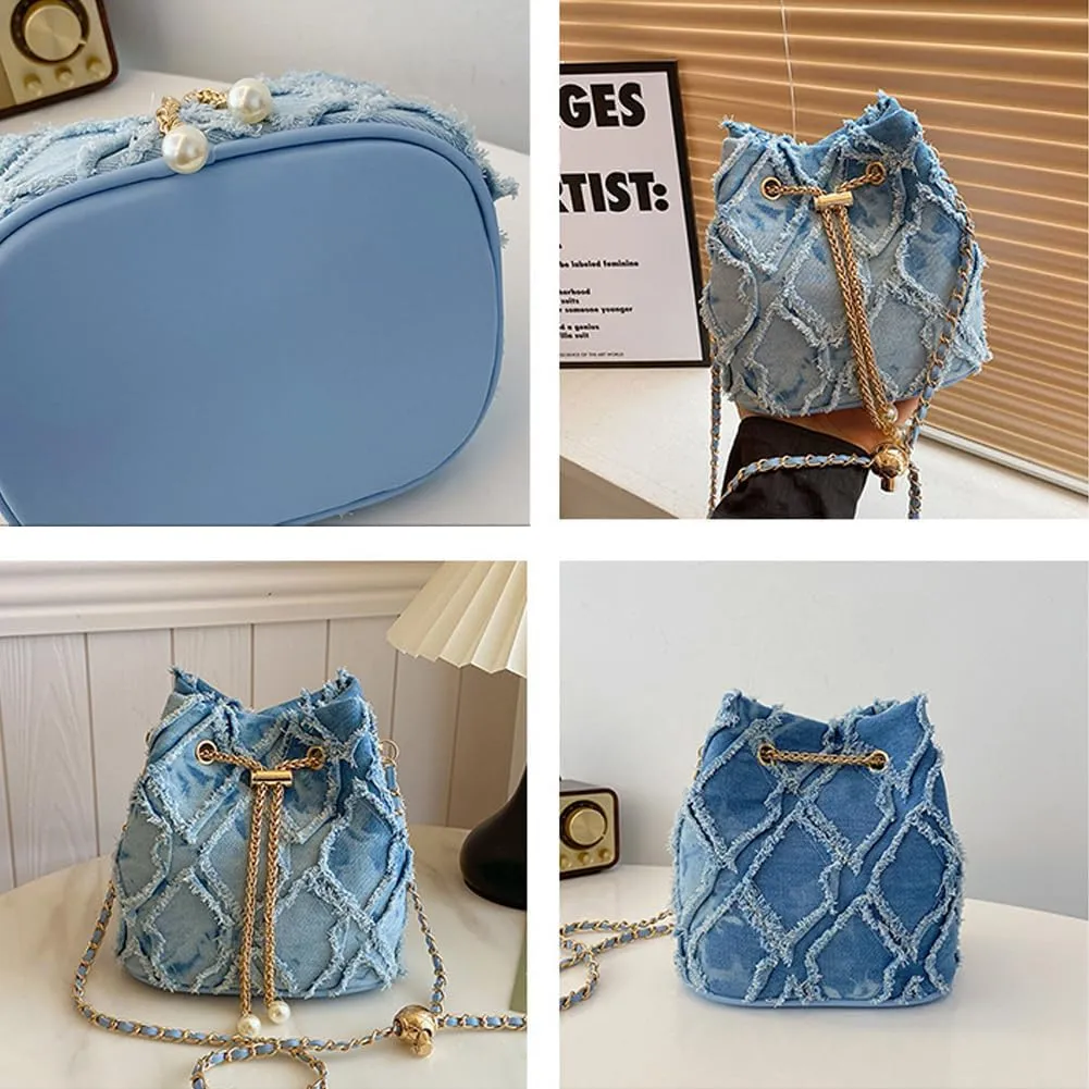 Small Denim Bucket Bag, Jean Purses for Women Denim Crossbody Bags Hobo Bag Drawstring Handbag