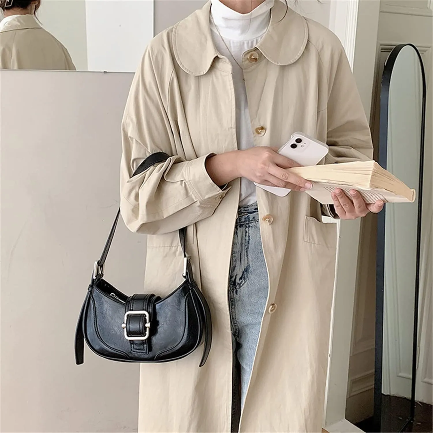 Small Leather Underarm Bag for Women, Crescent Shoulder Handbag, Cute Hobo Purse, Vintage Top Handle Satchels