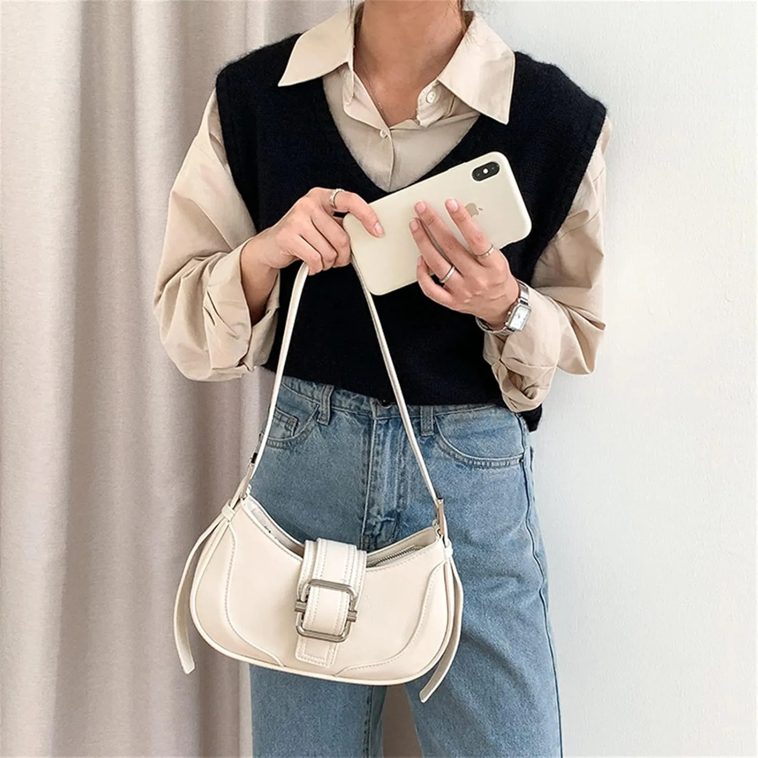 Small Leather Underarm Bag for Women, Crescent Shoulder Handbag, Cute Hobo Purse, Vintage Top Handle Satchels