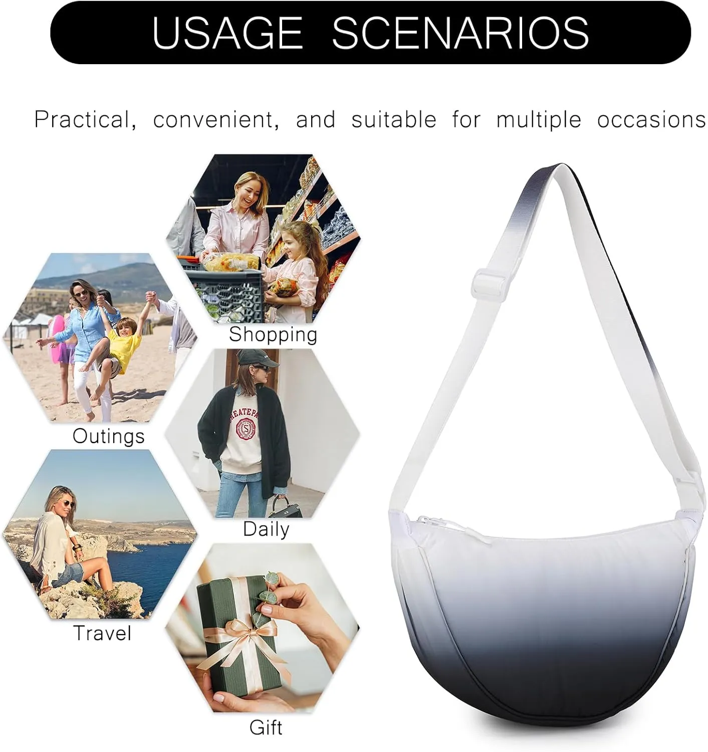 Small Nylon Crescent Crossbody Bag for Women Men Trendy, Waterproof Crescent Sling, Lightweight Travel Purses