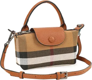 Small Plaid Canvas Handbag for Women PU Leather Top Handle Bucket Hand Bag,Mini Classic Khaki Crossbody Wallet Purse