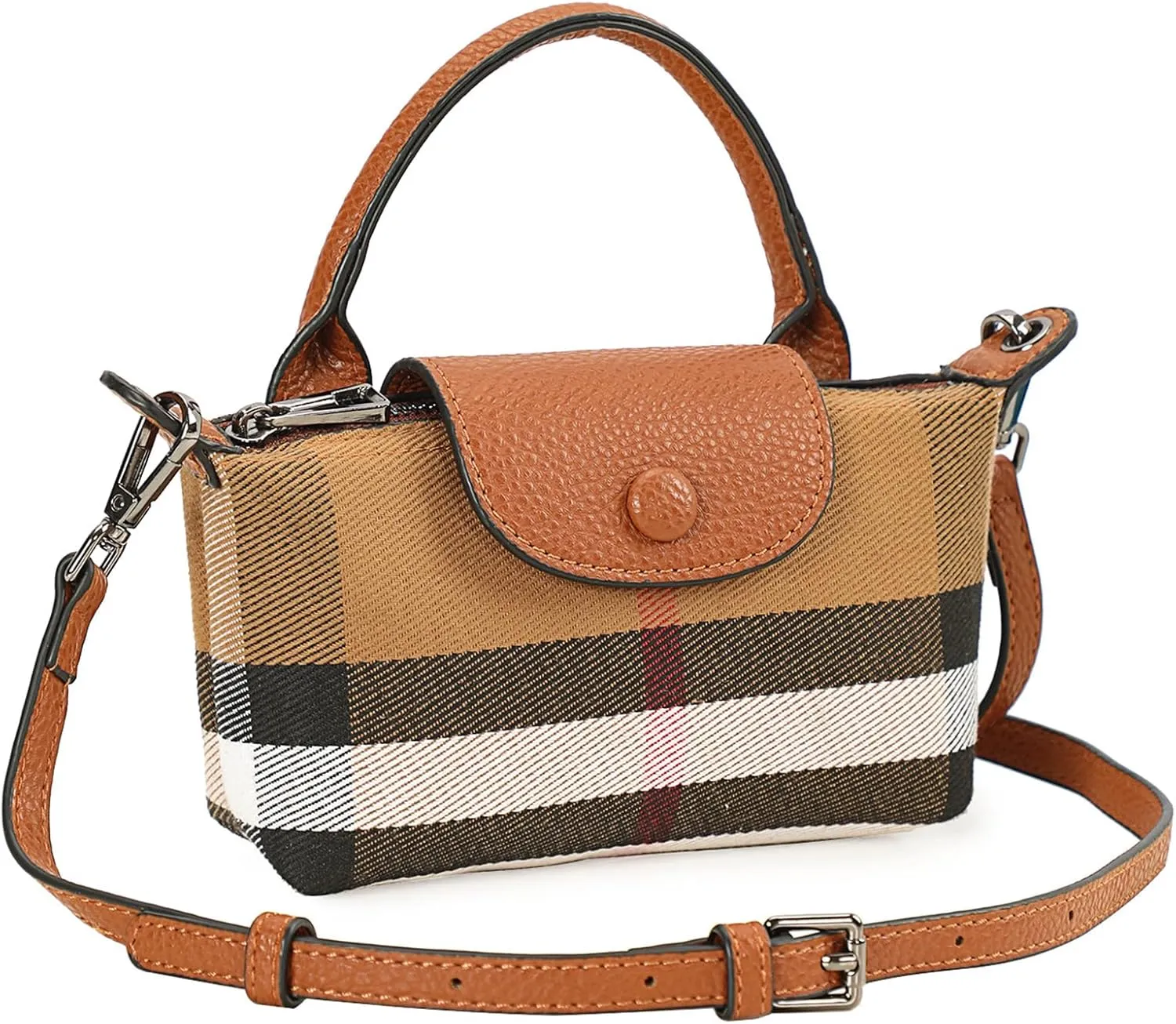 Small Plaid Canvas Handbag for Women PU Leather Top Handle Bucket Hand Bag,Mini Classic Khaki Crossbody Wallet Purse