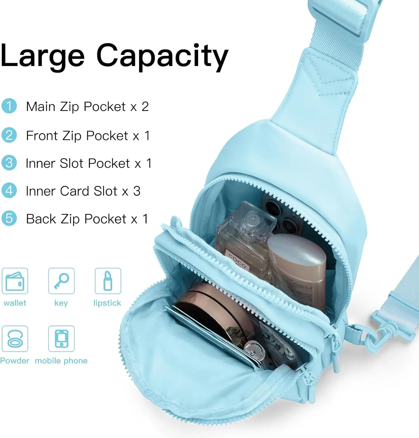 Small Sling Bag Crossbody Bag for Women with 4 Pockets Cross Body Fanny Pack Womens Chest Bag for Outdoors Traveling