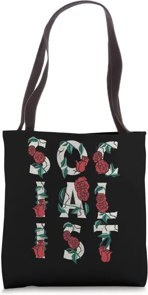 Socialist Stacked Text With Roses, Vintage Floral Esthetic Tote Bag