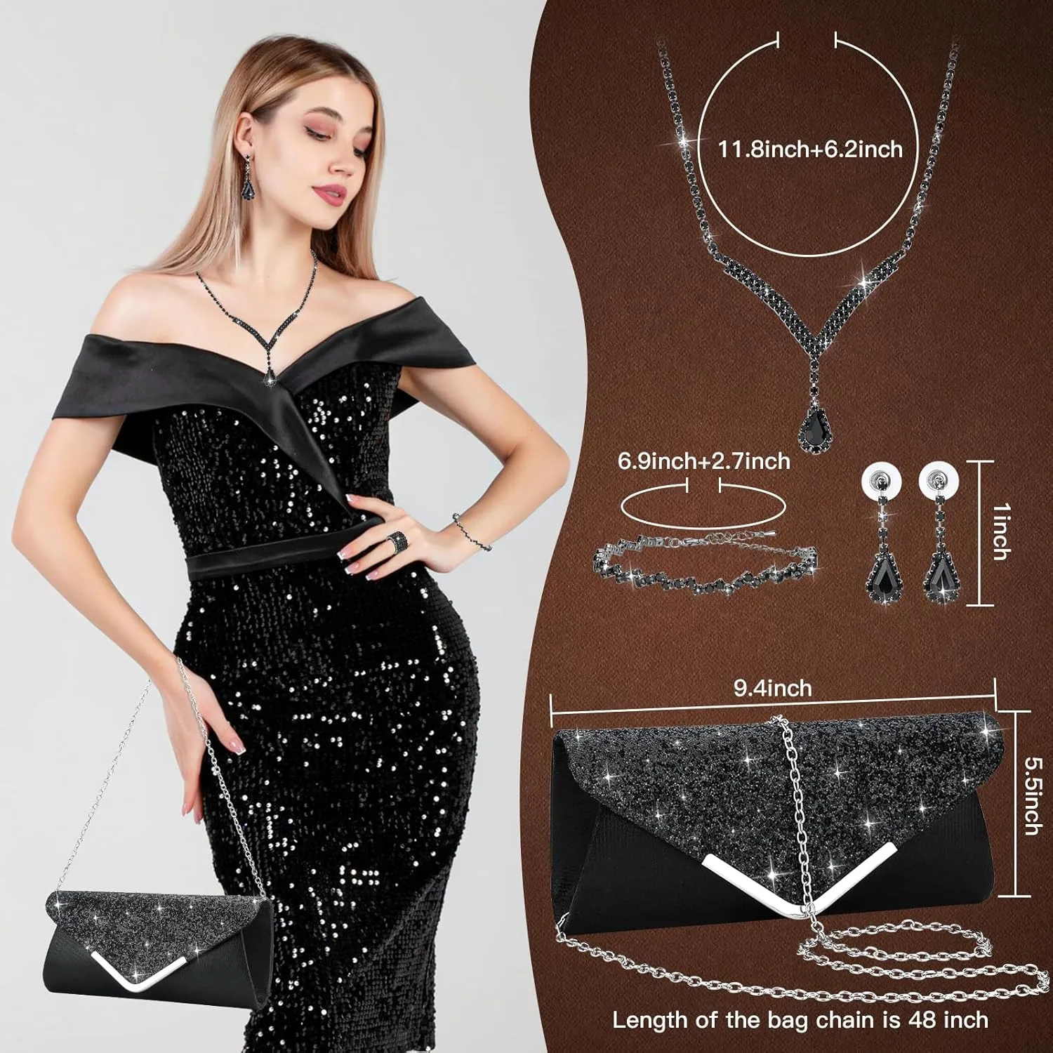 Soleebee 5 Pcs Purse Rhinestones Jewelry Set for Women Rhinestones Necklace Bracelet Earrings Bling Clutch Purse Bride Prom Evening Jewelry Set