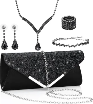 Soleebee 5 Pcs Purse Rhinestones Jewelry Set for Women Rhinestones Necklace Bracelet Earrings Bling Clutch Purse Bride Prom Evening Jewelry Set