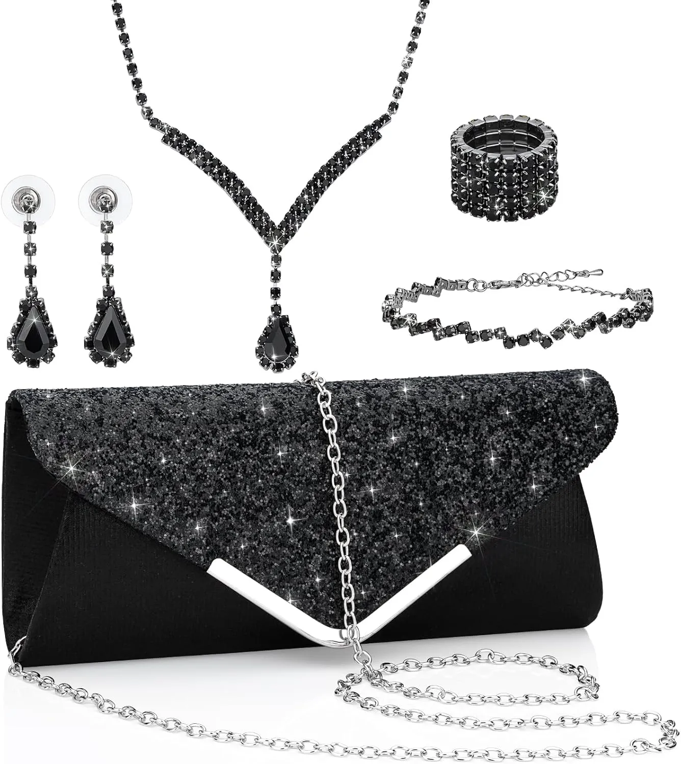 Soleebee 5 Pcs Purse Rhinestones Jewelry Set for Women Rhinestones Necklace Bracelet Earrings Bling Clutch Purse Bride Prom Evening Jewelry Set