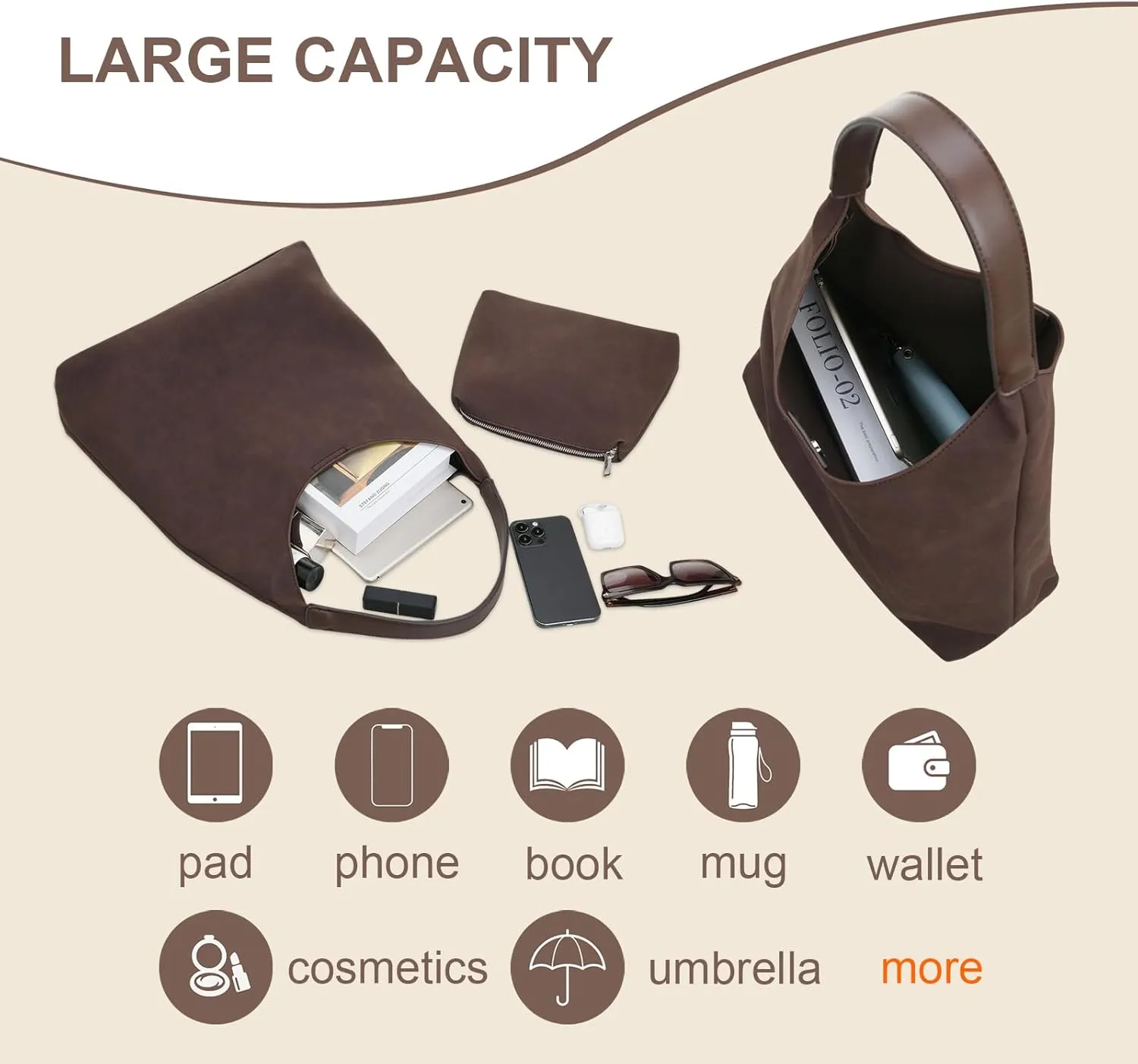 Sorexuber Suede Bag for Women Hobo Bag Soft Shoulder Purse Handle Handbag Large PU Handbag for Everyday Travel Durable Purse