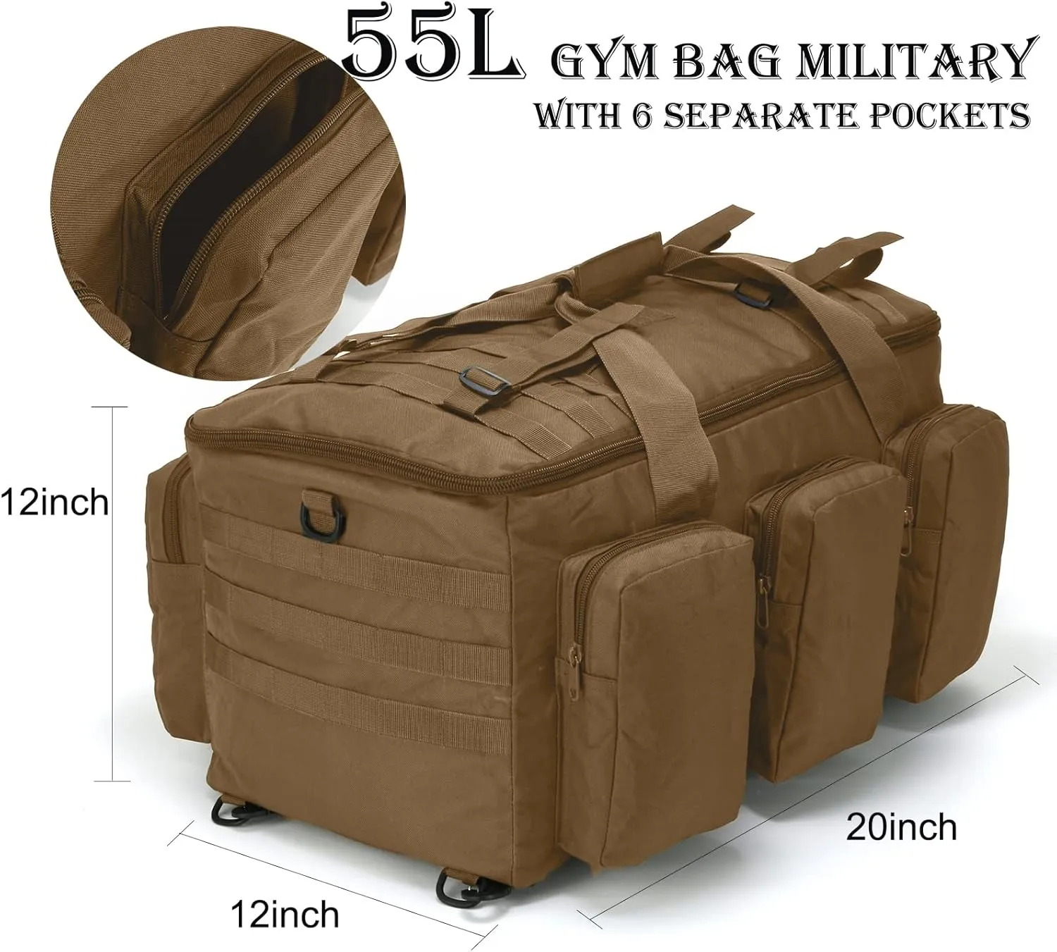 Sparklekle Military Duffel Bag 50L Gym Bag for Men Convertible Weekend Backpack for Sports Travel Camping (Tan)