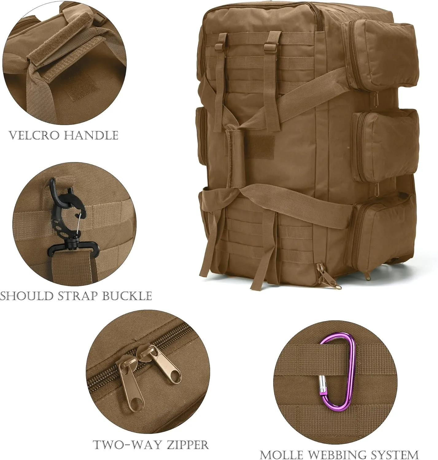 Sparklekle Military Duffel Bag 50L Gym Bag for Men Convertible Weekend Backpack for Sports Travel Camping (Tan)