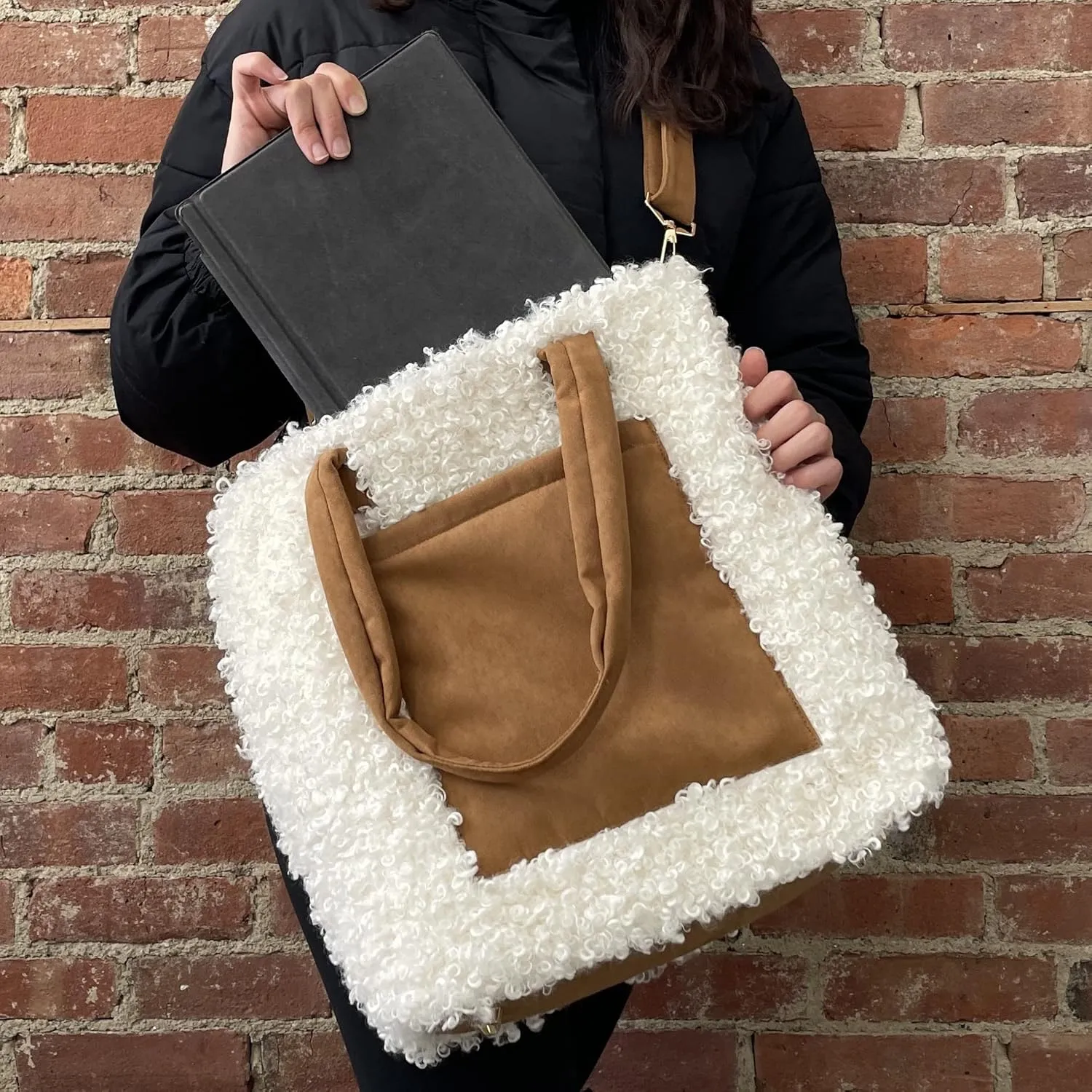 Sprigs Women's Cute Tote Bags - Casual Faux Fur Bag with Outside Pocket & Inside Laptop Sleeve - Laptop Tote Bag For Women