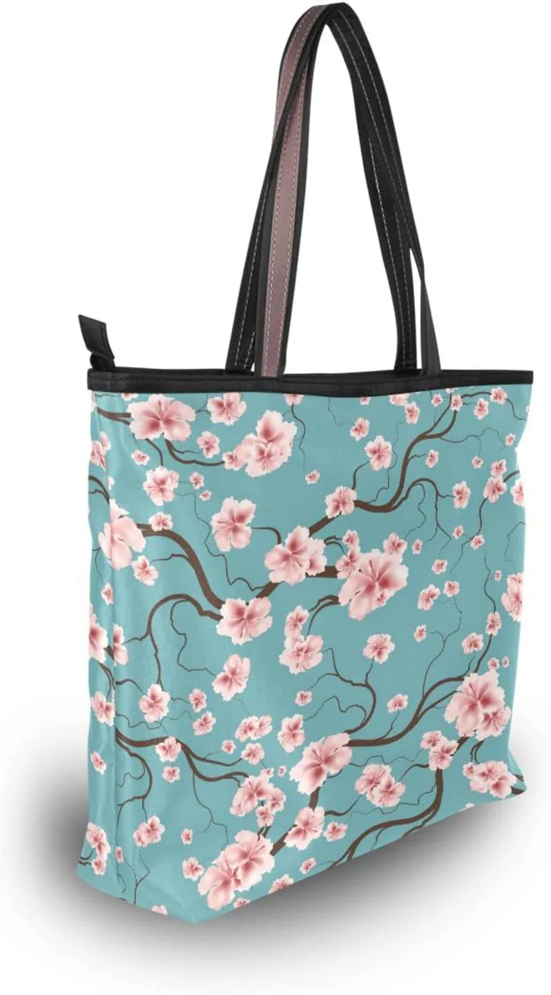 Spring Tote Bag for Women with Zipper Pocket Polyester Tote Purse Flower Handbag,10