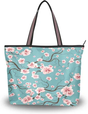 Spring Tote Bag for Women with Zipper Pocket Polyester Tote Purse Flower Handbag,10