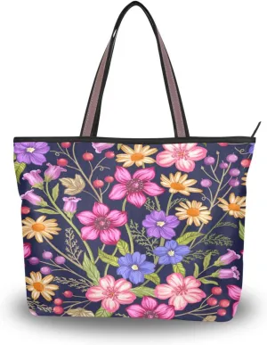 Spring Tote Bag for Women with Zipper Pocket Polyester Tote Purse Flower Handbag,10