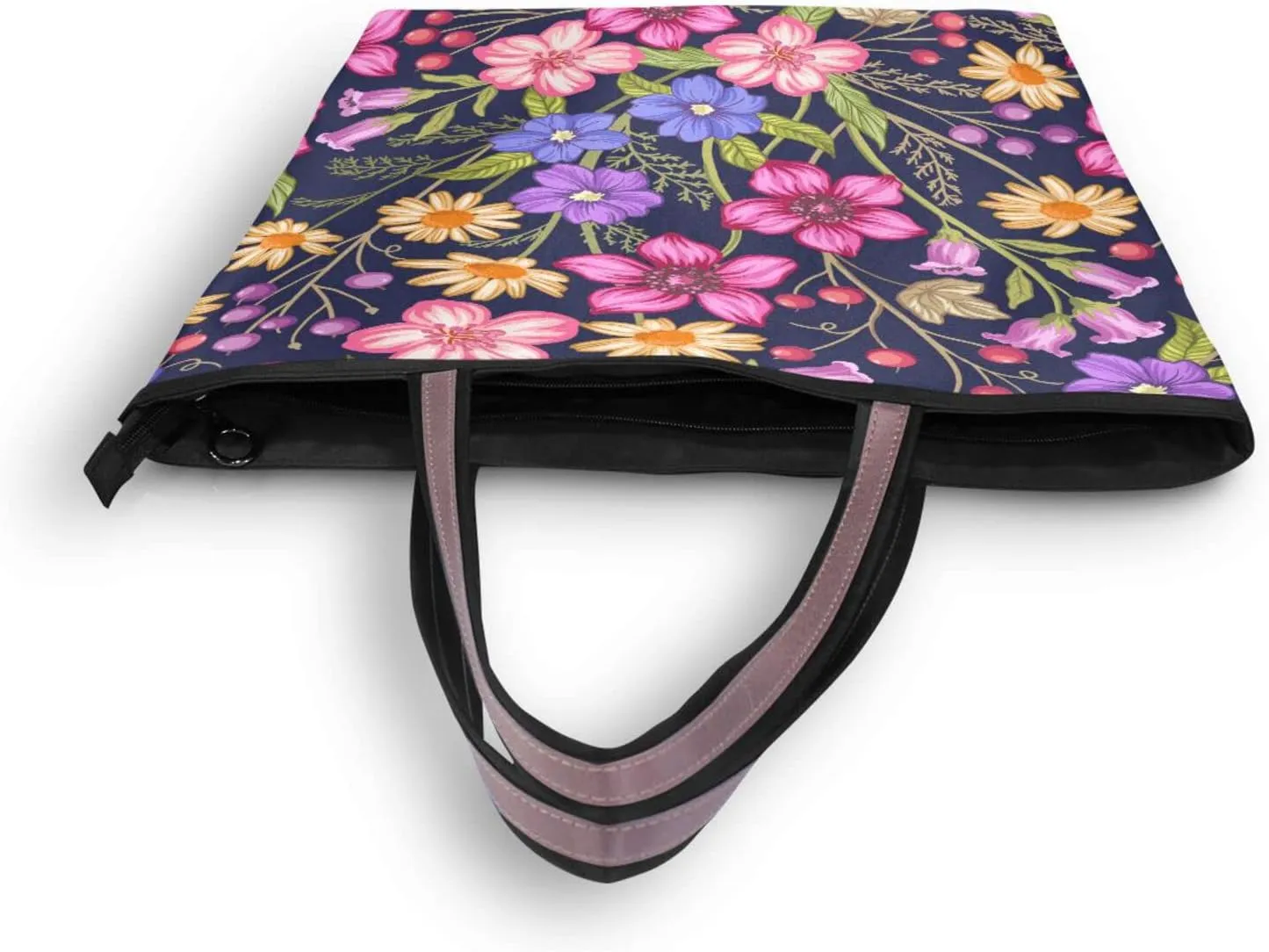 Spring Tote Bag for Women with Zipper Pocket Polyester Tote Purse Flower Handbag,10