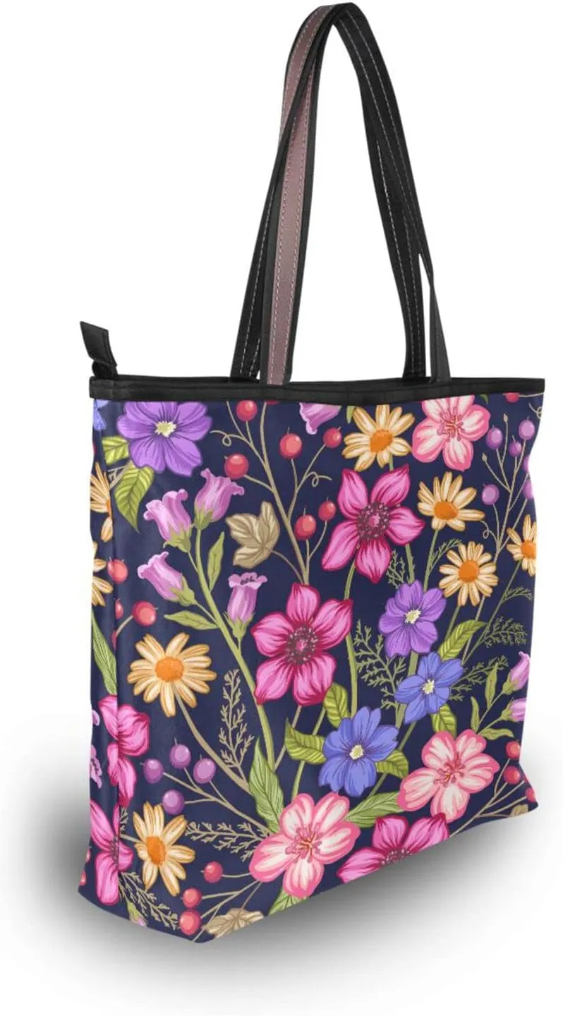 Spring Tote Bag for Women with Zipper Pocket Polyester Tote Purse Flower Handbag,10