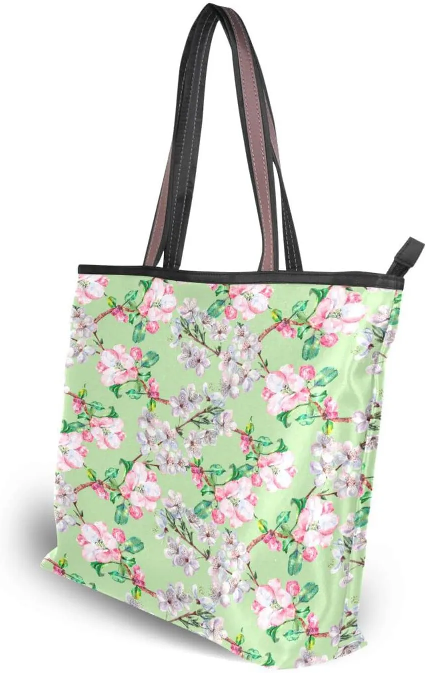 Spring Tote Bag for Women with Zipper Pocket Polyester Tote Purse Flower Handbag,10