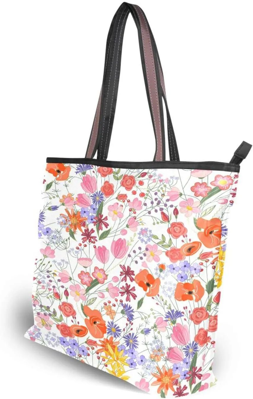 Spring Tote Bag for Women with Zipper Pocket Polyester Tote Purse Flower Handbag,10