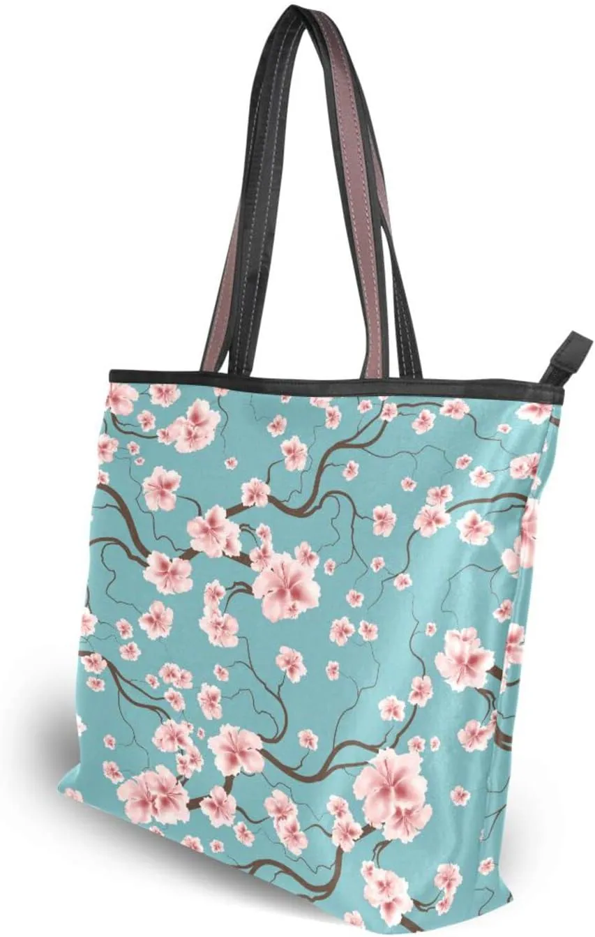 Spring Tote Bag for Women with Zipper Pocket Polyester Tote Purse Flower Handbag,10