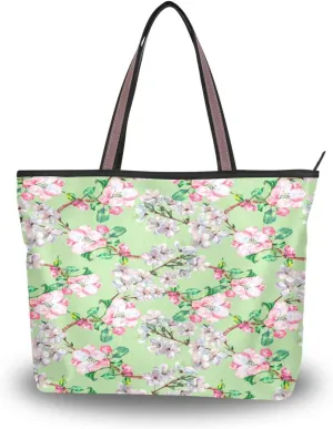 Spring Tote Bag for Women with Zipper Pocket Polyester Tote Purse Flower Handbag,10