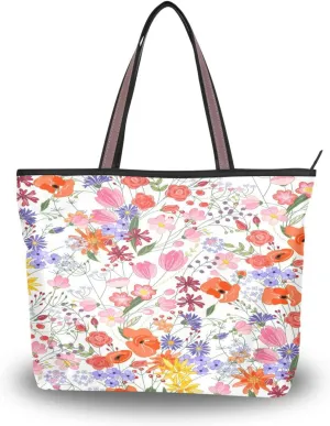 Spring Tote Bag for Women with Zipper Pocket Polyester Tote Purse Flower Handbag,10