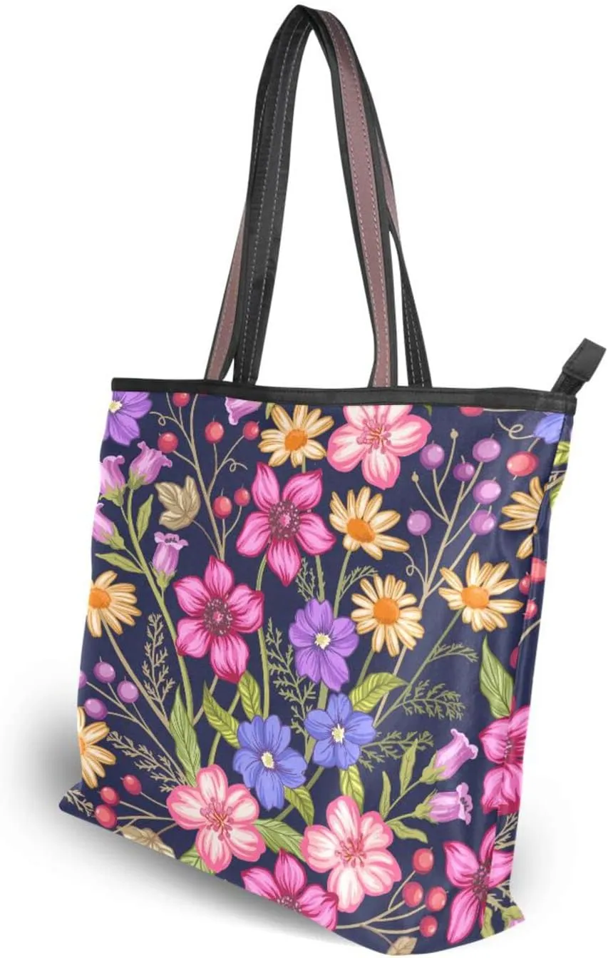 Spring Tote Bag for Women with Zipper Pocket Polyester Tote Purse Flower Handbag,10