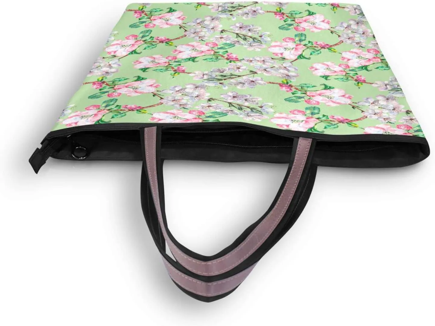 Spring Tote Bag for Women with Zipper Pocket Polyester Tote Purse Flower Handbag,10