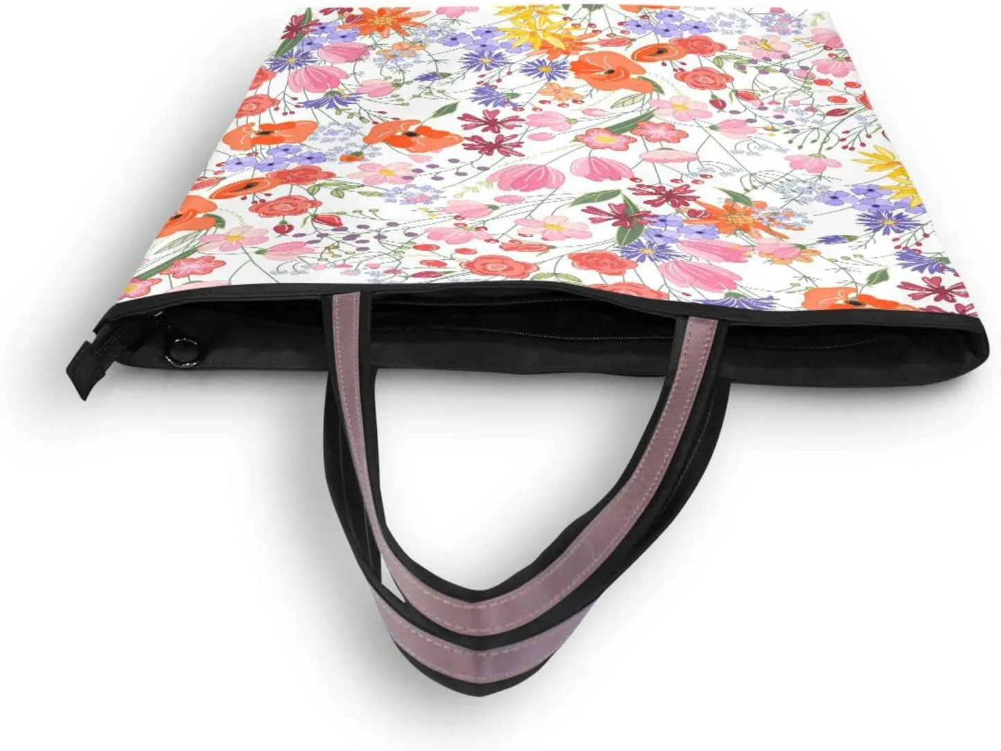 Spring Tote Bag for Women with Zipper Pocket Polyester Tote Purse Flower Handbag,10