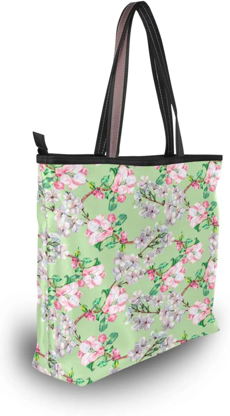 Spring Tote Bag for Women with Zipper Pocket Polyester Tote Purse Flower Handbag,10