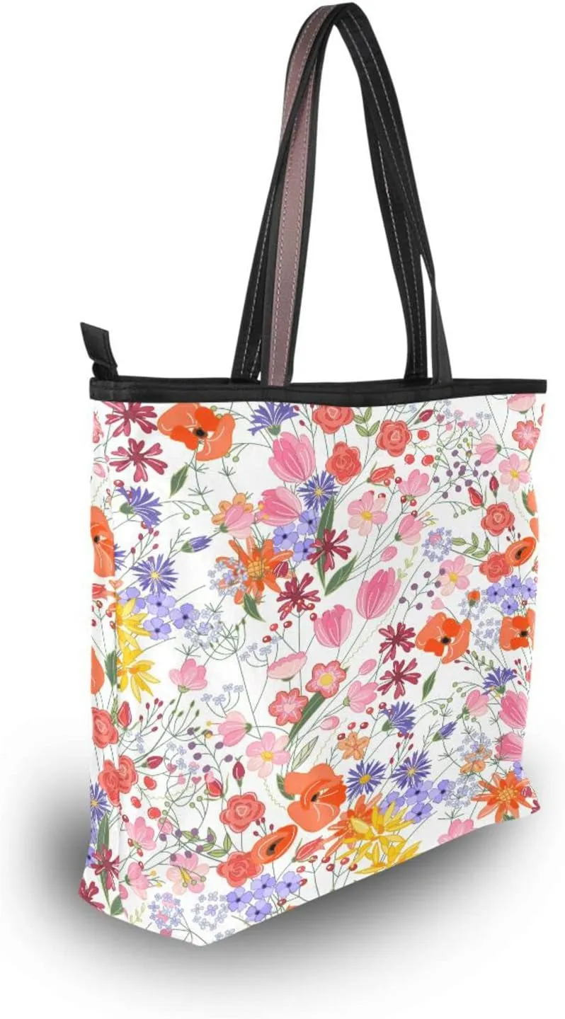 Spring Tote Bag for Women with Zipper Pocket Polyester Tote Purse Flower Handbag,10