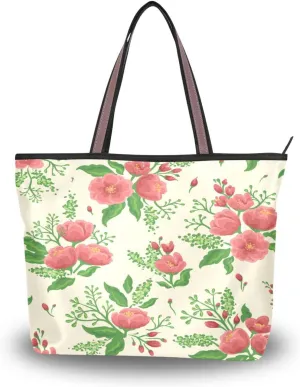 Spring Tote Bag for Women With Zipper Pocket Polyester Tote Purse Flower Handbag
