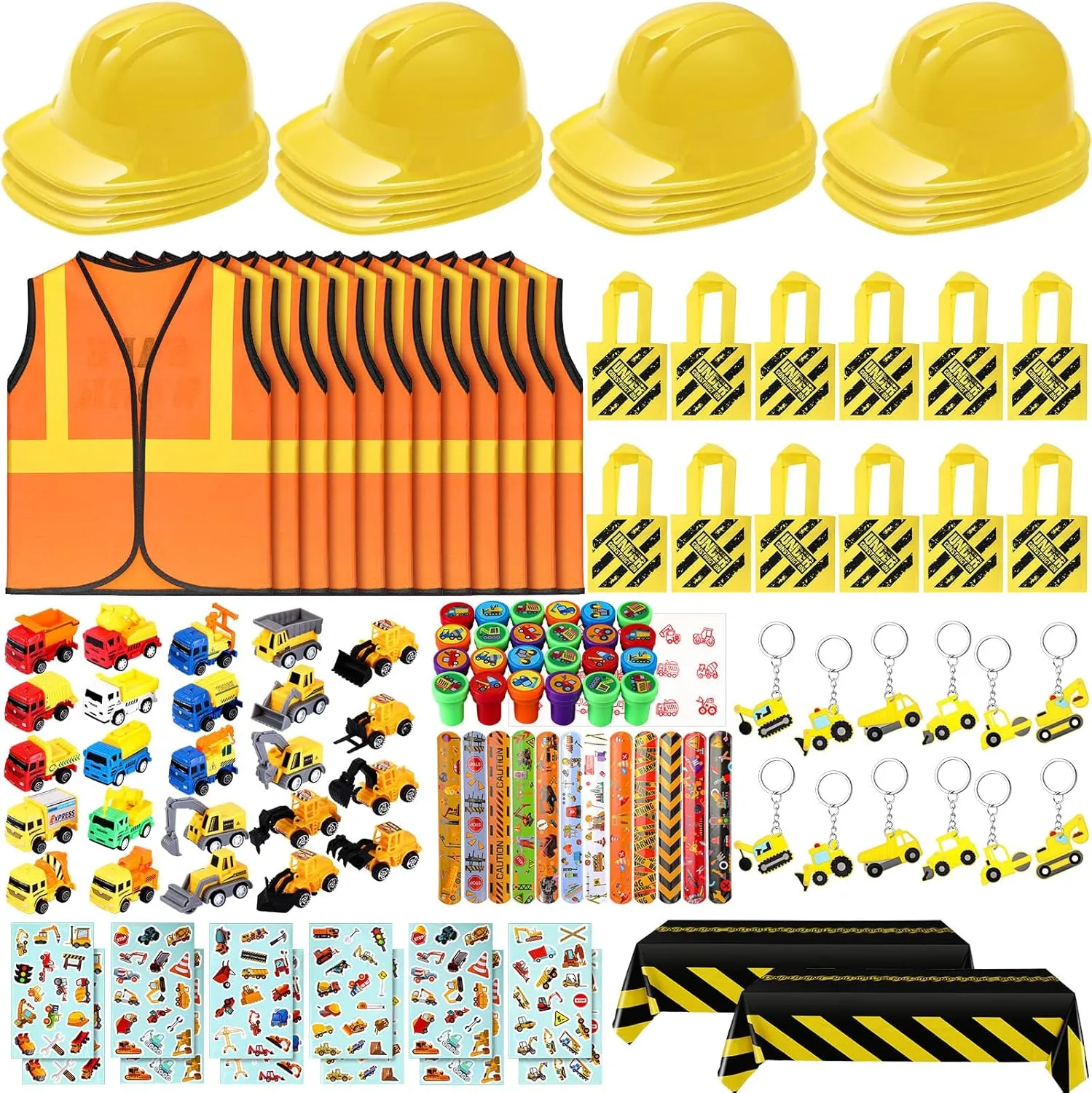 Sratte 122 Pcs Construction Birthday Party Supplies 12 Construction Hats, 12 Construction Vests, 12 Tote Bags, 24 Construction Toys, 12 Slap Bracelets, 12 Keychain, 12 Sticker, 24 Stamps, 2 Tablecloth