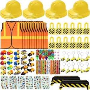 Sratte 122 Pcs Construction Birthday Party Supplies 12 Construction Hats, 12 Construction Vests, 12 Tote Bags, 24 Construction Toys, 12 Slap Bracelets, 12 Keychain, 12 Sticker, 24 Stamps, 2 Tablecloth