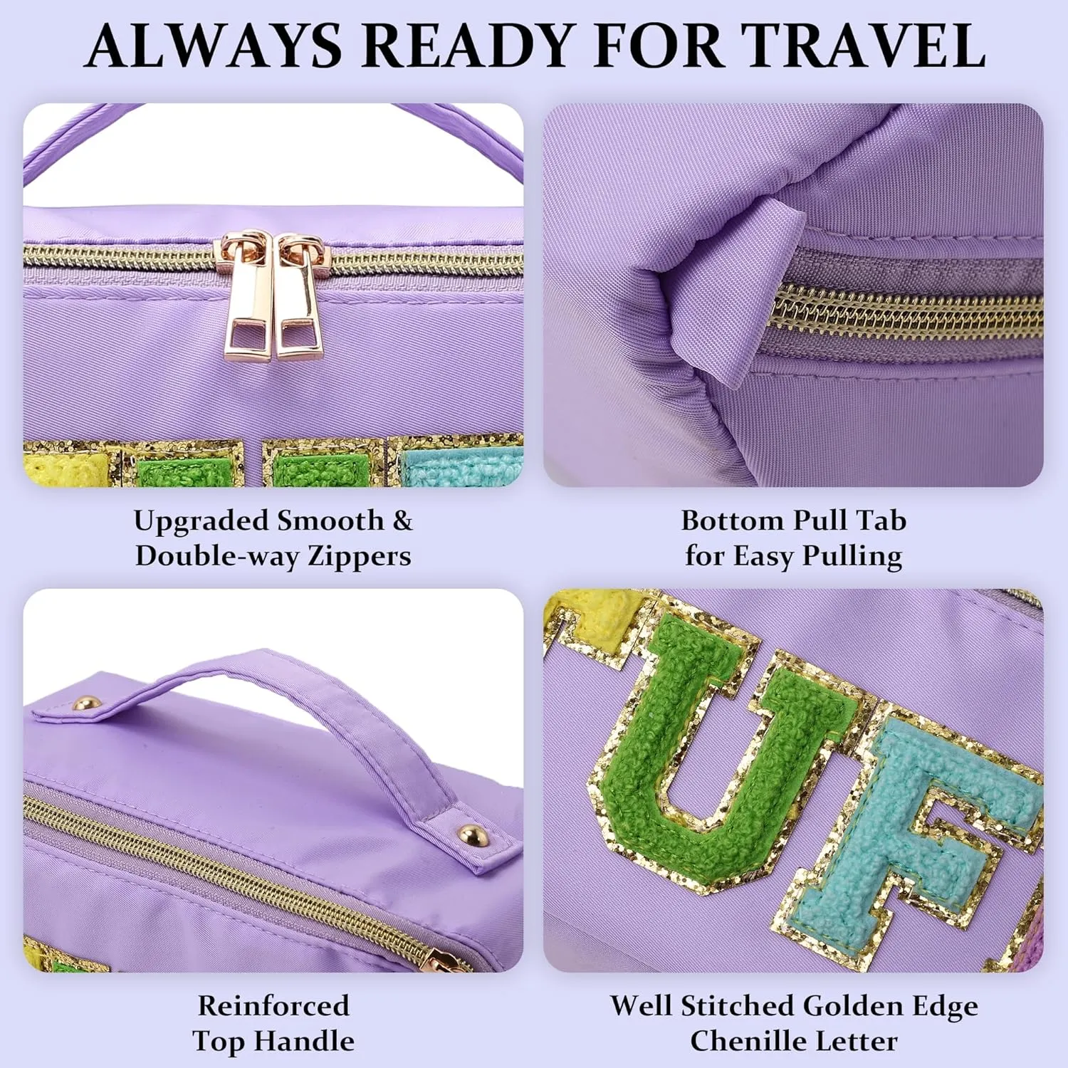 Stoney Clover Preppy Makeup Bag, Large Capacity Travel Cosmetic Bag, Chenille Letter Open Flat Nylon Bag, Purple