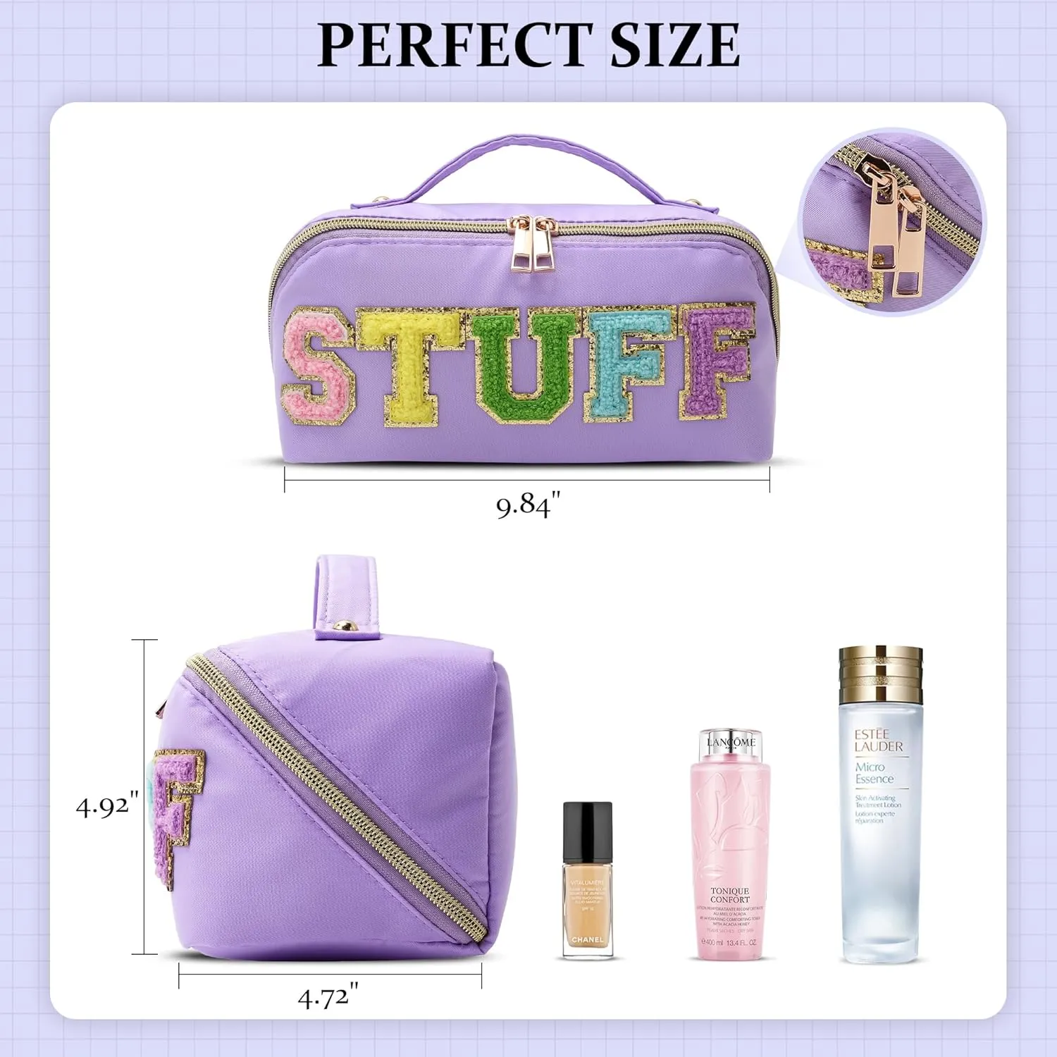 Stoney Clover Preppy Makeup Bag, Large Capacity Travel Cosmetic Bag, Chenille Letter Open Flat Nylon Bag, Purple