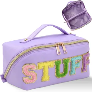 Stoney Clover Preppy Makeup Bag, Large Capacity Travel Cosmetic Bag, Chenille Letter Open Flat Nylon Bag, Purple