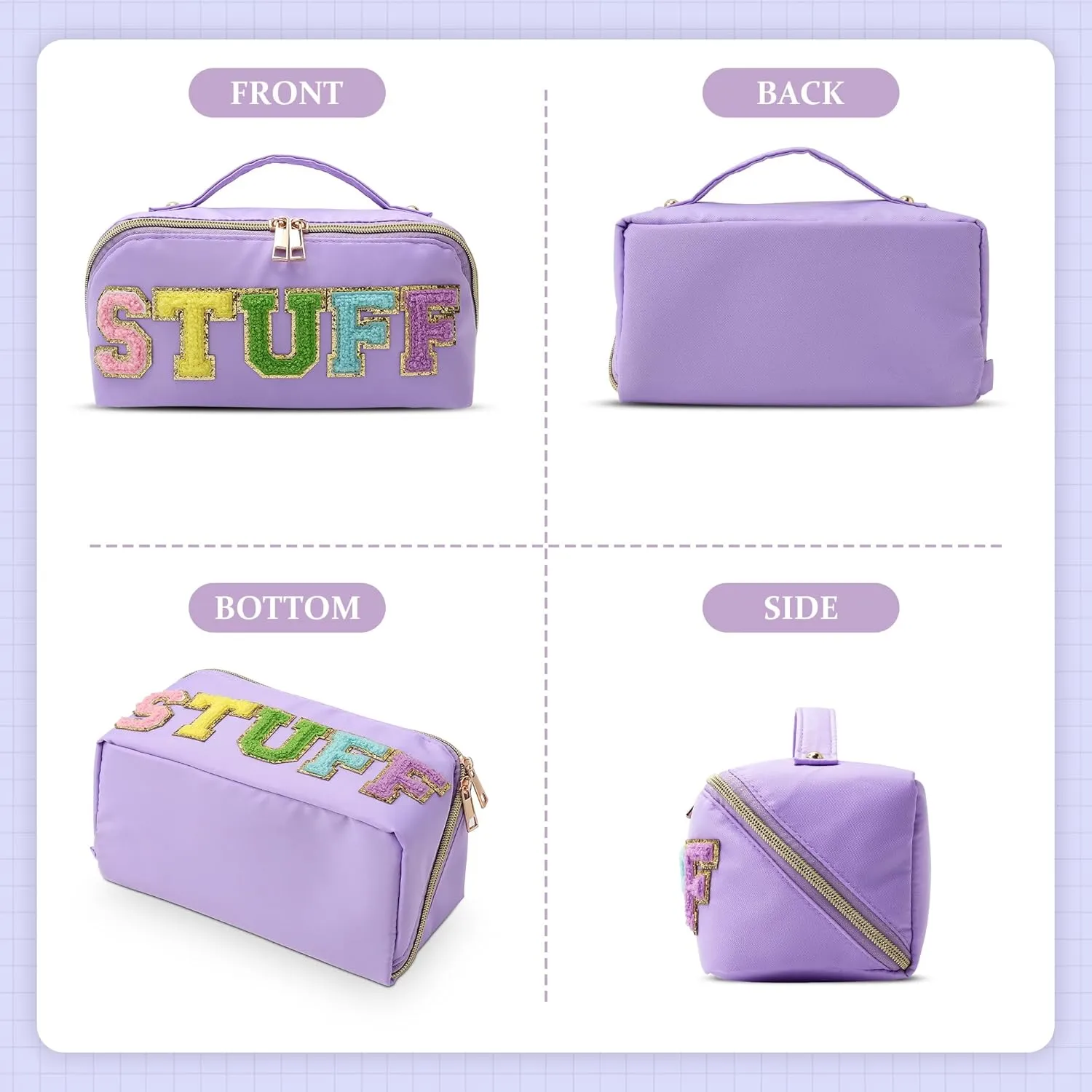 Stoney Clover Preppy Makeup Bag, Large Capacity Travel Cosmetic Bag, Chenille Letter Open Flat Nylon Bag, Purple