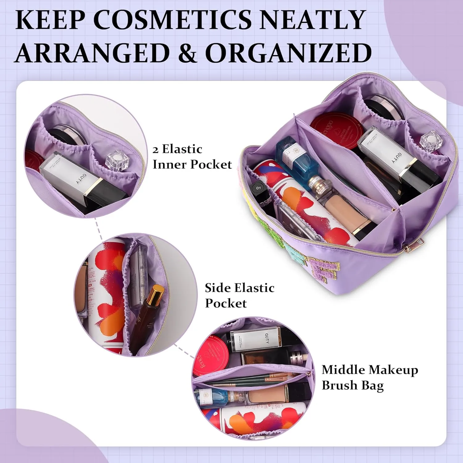 Stoney Clover Preppy Makeup Bag, Large Capacity Travel Cosmetic Bag, Chenille Letter Open Flat Nylon Bag, Purple